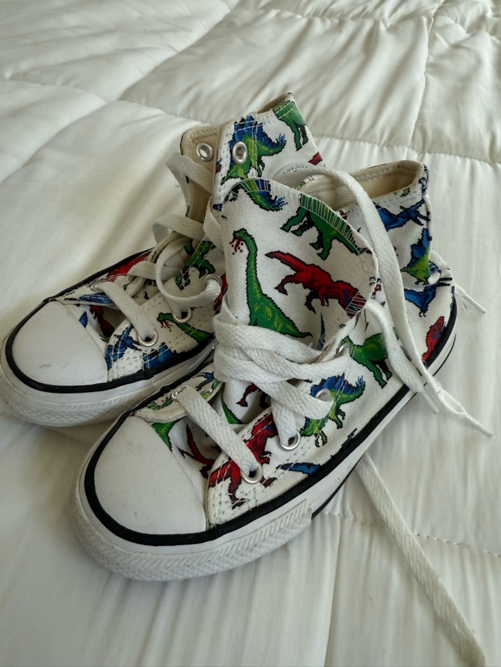 Converse Kids White High-Top Sneakers with Red, Green and Blue Dinosaur Print
